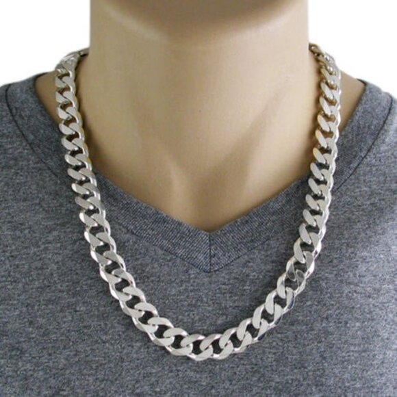 STERLING SILVER CUBAN CURB CHAIN NECKLACE 13.5MM (GAUGE 350) AVAILABLE 4 LENGTHS - Picture 2 of 2